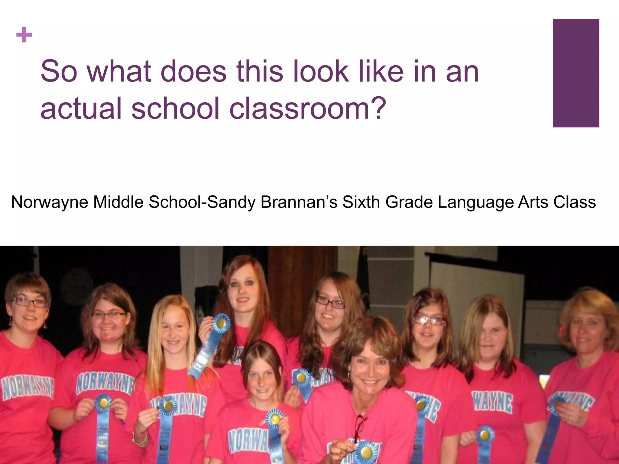 +
    So what does this look like in an
    actual school classroom?

Norwayne Middle School-Sandy Brannan’s Sixth Grade Language Arts Class
 