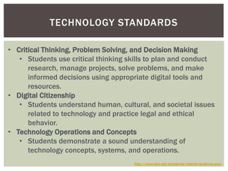 TECHNOLOGY STANDARDS

• Critical Thinking, Problem Solving, and Decision Making
   • Students use critical thinking skills to plan and conduct
      research, manage projects, solve problems, and make
      informed decisions using appropriate digital tools and
      resources.
• Digital Citizenship
   • Students understand human, cultural, and societal issues
      related to technology and practice legal and ethical
      behavior.
• Technology Operations and Concepts
   • Students demonstrate a sound understanding of
      technology concepts, systems, and operations.
                                     http://www.iste.org/standards/nets-for-students.aspx
 