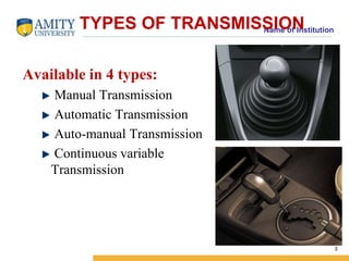Name of Institution TYPES OF TRANSMISSION 
Available in 4 types: 
Manual Transmission 
Automatic Transmission 
Auto-manual Transmission 
Continuous variable 
Transmission 
3 
 