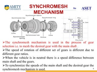 Name of Institution SYNCHROMESH 
MECHANISM 
The synchromesh mechanism is used in the process of gear 
selection i.e. to mesh the desired gear with the main shaft . 
The speed of rotation of different set of gears is different due to 
different gear ratios. 
When the vehicle is in neutral there is a speed difference between 
main shaft and the gears. 
To synchronize the speeds of the main shaft and the desired gear the 
synchromesh mechanism is used. 
9 
 