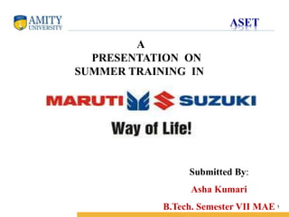 Name of Institution 
1 
Submitted By: 
Asha Kumari 
B.Tech. Semester VII MAE 
A 
PRESENTATION ON 
SUMMER TRAINING IN 
 