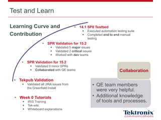 Learning Curve and
Contribution
Test and Learn
• Tekpub Validation
 Validated all JIRA issues from
the Greenfield Install
• SPR Validation for 15.2
 Validated 9 minor SPRs
 Collaborated with QE teams
• SPR Validation for 15.2
 Validated 5 major issues
 Validated 2 critical issues
 Worked with dev teams
• Week 0 Tutorials
 IRIS Training
 Tek-wiki
 Whiteboard explanations
• 14.1 SP8 Testbed
 Executed automation testing suite
 Completed end to end manual
testing
• QE team members
were very helpful.
• Additional knowledge
of tools and processes.
Collaboration
 