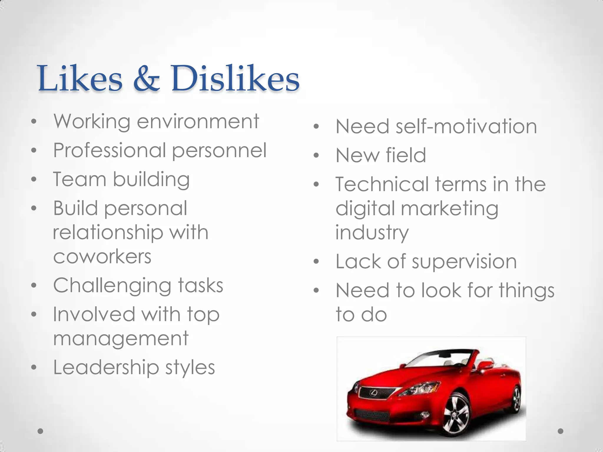Likes & Dislikes
• Working environment      • Need self-motivation
• Professional personnel   • New field
• Team building            • Technical terms in the
• Build personal             digital marketing
  relationship with          industry
  coworkers                • Lack of supervision
• Challenging tasks        • Need to look for things
• Involved with top          to do
  management
• Leadership styles
 