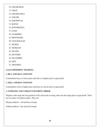 25
10. CRUDEOILM
11. GOLD
12. GOLDGUINEA
13. GOLDM
14. GOLDPETAL
15. KAPAS
16. KAPASKHALI
17. LEAD
18. LEADMINI
19. MENTHAOIL
20. NATURALGAS
21. NICKEL
22. NICKELM
23. SILVER
24. SILVERM
25. SILVERMIC
26. ZINC
27. ZINCMINI
3.4.6 COMMODITY TRADING:
1. BUY AND SELL CONCEPT
Commodities buy at a lower price and sells at a higher price to gain profit.
2. SELL AND BUY CONCEPT
Commodities sell at a higher price and buys at a lower price to gain profit.
3. STOPLOSS AND TARGET/COVERING ORDER
Stoploss order stops the loss position of the client and covering order sets the target price to gain profit. There
are two types of stoploss orders. They are:
Buying stoploss-> sell and buy concept
Selling stoploss-> buy and sell concept
 