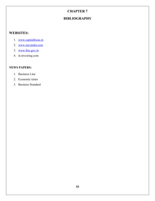 55
CHAPTER 7
BIBLIOGRAPHY
WEBSITES:
1. www.capitalfocus.in
2. www.mcxindia.com
3. www.fmc.gov.in
4. in.investing.com
NEWS PAPERS:
1. Business Line
2. Economic times
3. Business Standard
 