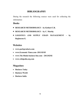 78
BIBLIOGRAPHY
During the research the following sources were used for collecting the
information:
Books
 RESEARCH METHODOLOGY – by Kothari C.R.
 RESEARCH METHODOLOGY – by C. Murthy
 LOGISTICS AND SUPPLY CHAIN MANAGEMENT – by
Raghuram G.
Websites
 www.parleproducts.com
 www.Economic Times.com -2011/03/03
 www.The Hindu business line.com – 2012/02/02
 www.wikipedia.org.com
Magazines
 Business Today
 Business World
 Business India
 
