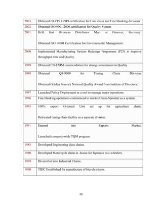 20
2003 Obtained ISO/TS 16949 certification for Cam chain and Fine blanking divisions
2002 Obtained ISO 9001:2000 certification for Quality System
2001 Held first Overseas Distributor Meet at Hanover, Germany.
Obtained ISO 14001 Certification for Environmental Management.
2000 Implemented Manufacturing System Redesign Programme (P25) to improve
throughput time and Quality.
1999 Obtained CII-EXIM commendation for strong commitment to Quality
1998 Obtained QS-9000 for Timing Chain Division.
Obtained Golden Peacock National Quality Award from Institute of Directors.
1997 Launched Policy Deployment as a tool to manage major operations.
1996 Fine blanking operations commenced to market Chain-Sprocket as a system.
1995 100% export Oriented Unit set up for agriculture chain.
Relocated timing chain facility as a separate division.
1991 Entered into Exports Market.
Launched company-wide TQM program.
1985 Developed Engineering class chains.
1980 Developed Motorcycle chain in -house for Japanese two-wheelers.
1969 Diversified into Industrial Chains.
1960 TIDC Established for manufacture of bicycle chains.
 