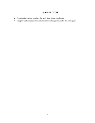 32
SUGGESTIONS
• Organization can try to reduce the work load for the employees.
• Can provide house accommodations and travelling expenses for the employees.
 