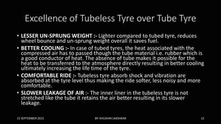 Excellence of Tubeless Tyre over Tube Tyre
• LESSER UN-SPRUNG WEIGHT :- Lighter compared to tubed tyre, reduces
wheel bounce and un-sprung weight overall it saves fuel.
• BETTER COOLING :- In case of tubed tyres, the heat associated with the
compressed air has to passed though the tube material i.e. rubber which is
a good conductor of heat. The absence of tube makes it possible for the
heat to be transferred to the atmosphere directly resulting in better cooling
ultimately increasing the life time of the tyre.
• COMFORTABLE RIDE :- Tubeless tyre absorb shock and vibration are
absorbed at the tyre level thus making the ride softer, less noisy and more
comfortable.
• SLOWER LEAKAGE OF AIR :- The inner liner in the tubeless tyre is not
stretched like the tube it retains the air better resulting in its slower
leakage.
15 SEPTEMBER 2015 BY: KHUSHIN LAKSHKAR 12
 