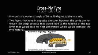 Cross-Ply Tyre
• Ply cords are woven at angle of 30 to 40 degree to the tyre axis.
• Two layers that runs in opposite direction however the cords are not
woven like warp because that would lead to the rubbing of the two
layer that would lead to heat generation which would damage the
tyre material.
15 SEPTEMBER 2015 BY: KHUSHIN LAKSHKAR 14
 