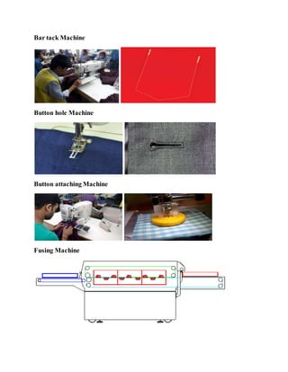 Bar tack Machine
Button hole Machine
Button attaching Machine
Fusing Machine
 