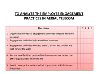 Questions 1 2 3 4 5
1 Organization conducts engagement activities timely to keep me
engaged
2 Engagement activities help me relieve my stress
3 Engagement activities (contest, events, picnics etc.) makes me
look forward to work
4 Recreational facilities provided by the company are better than
other organizations known to me
5 I want my organization to conduct engagement activities more
frequently
TO ANALYZE THE EMPLOYEE ENGAGEMENT
PRACTICES IN AERIAL TELECOM
 