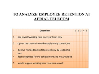 Questions 1 2 3 4 5
1 I see myself working here one year from now
2 If given the chance I would reapply to my current job
3 I believe my feedback is taken seriously by leadership
team
4 I feel recognized for my achievement and was awarded
5 I would suggest working here to others as well
TO ANALYZE EMPLOYEE RETENTION AT
AERIAL TELECOM
 