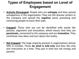 Types of Employees based on Level of
Engagement
• Actively Disengaged: People who are unhappy and they spread
unhappiness in the organisation. They are the disease centers in
the company and spread the negative word, provoking and
convincing people to leave their jobs.
• Engaged: Those who are can be identified with words like
passion, alignment and innovation; which means that they are
passionate, connected to the company and are innovative. They
contribute new ideas and turn ideas into reality.
• Not Engaged: The large majority present in organisations almost
50% in number. These do what is told only and they like only
one instruction at a time. They put in time but not energy and
passion.
 