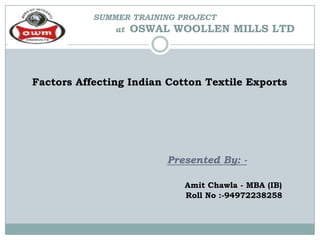 SUMMER TRAINING PROJECT                                     at  OSWAL WOOLLEN MILLS LTD       Factors Affecting Indian Cotton Textile Exports Presented By: - AmitChawla - MBA (IB)  				                         Roll No :-94972238258 