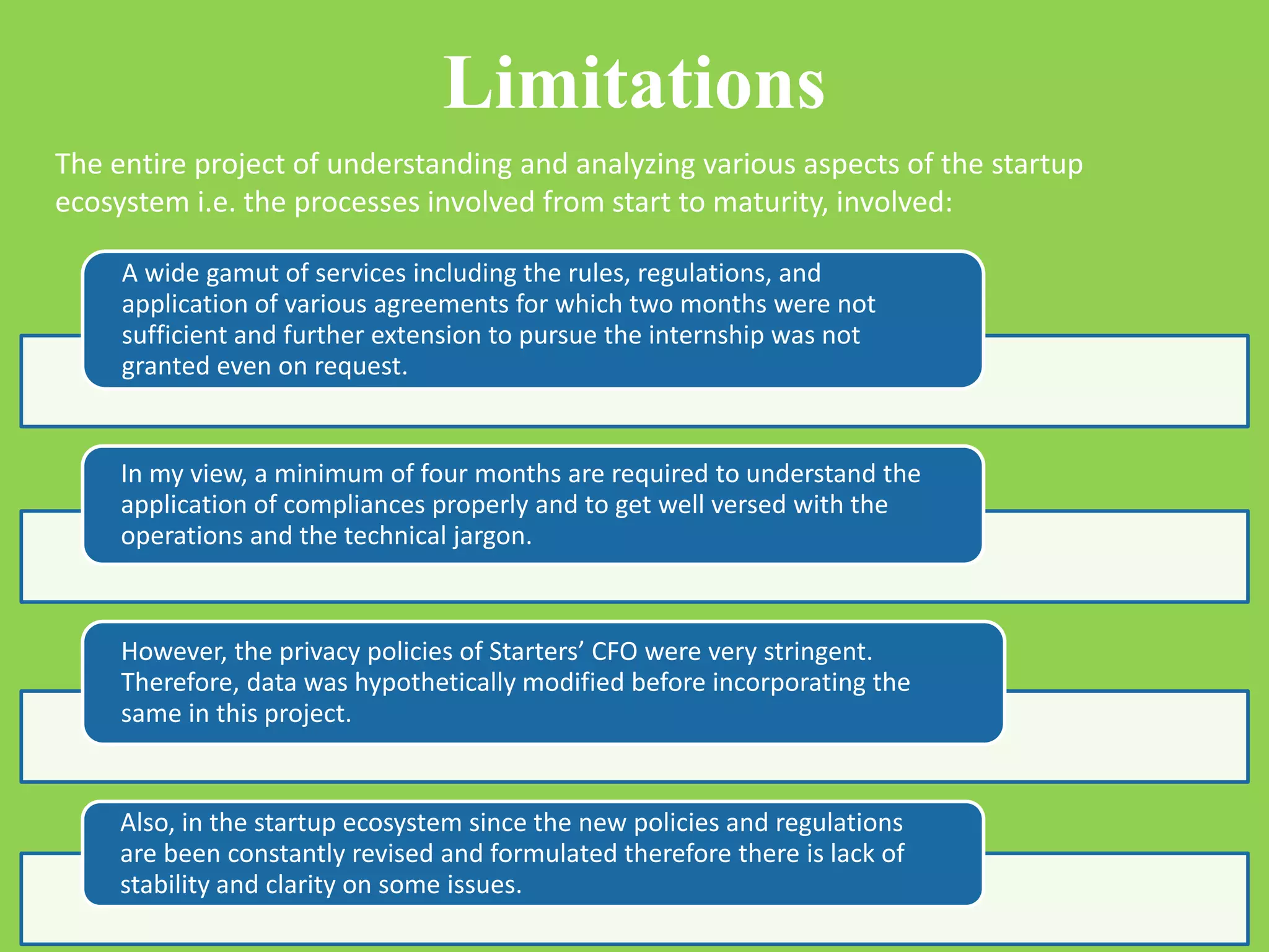 A wide gamut of services including the rules, regulations, and
application of various agreements for which two months were not
sufficient and further extension to pursue the internship was not
granted even on request.
In my view, a minimum of four months are required to understand the
application of compliances properly and to get well versed with the
operations and the technical jargon.
However, the privacy policies of Starters’ CFO were very stringent.
Therefore, data was hypothetically modified before incorporating the
same in this project.
Also, in the startup ecosystem since the new policies and regulations
are been constantly revised and formulated therefore there is lack of
stability and clarity on some issues.
Limitations
The entire project of understanding and analyzing various aspects of the startup
ecosystem i.e. the processes involved from start to maturity, involved:
 