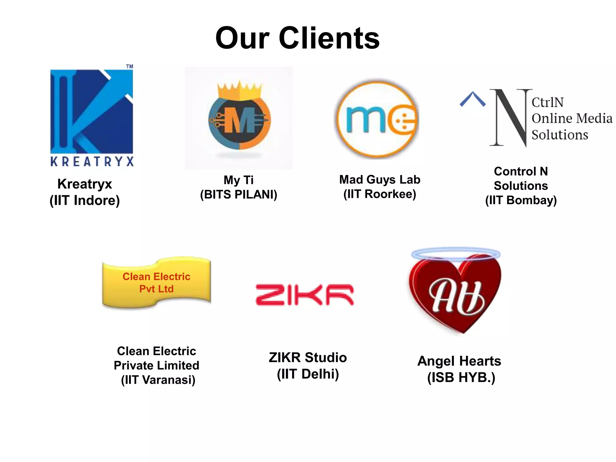 Clean Electric
Pvt Ltd
Our Clients
Kreatryx
(IIT Indore)
Control N
Solutions
(IIT Bombay)
My Ti
(BITS PILANI)
Mad Guys Lab
(IIT Roorkee)
Clean Electric
Private Limited
(IIT Varanasi)
ZIKR Studio
(IIT Delhi)
Angel Hearts
(ISB HYB.)
 