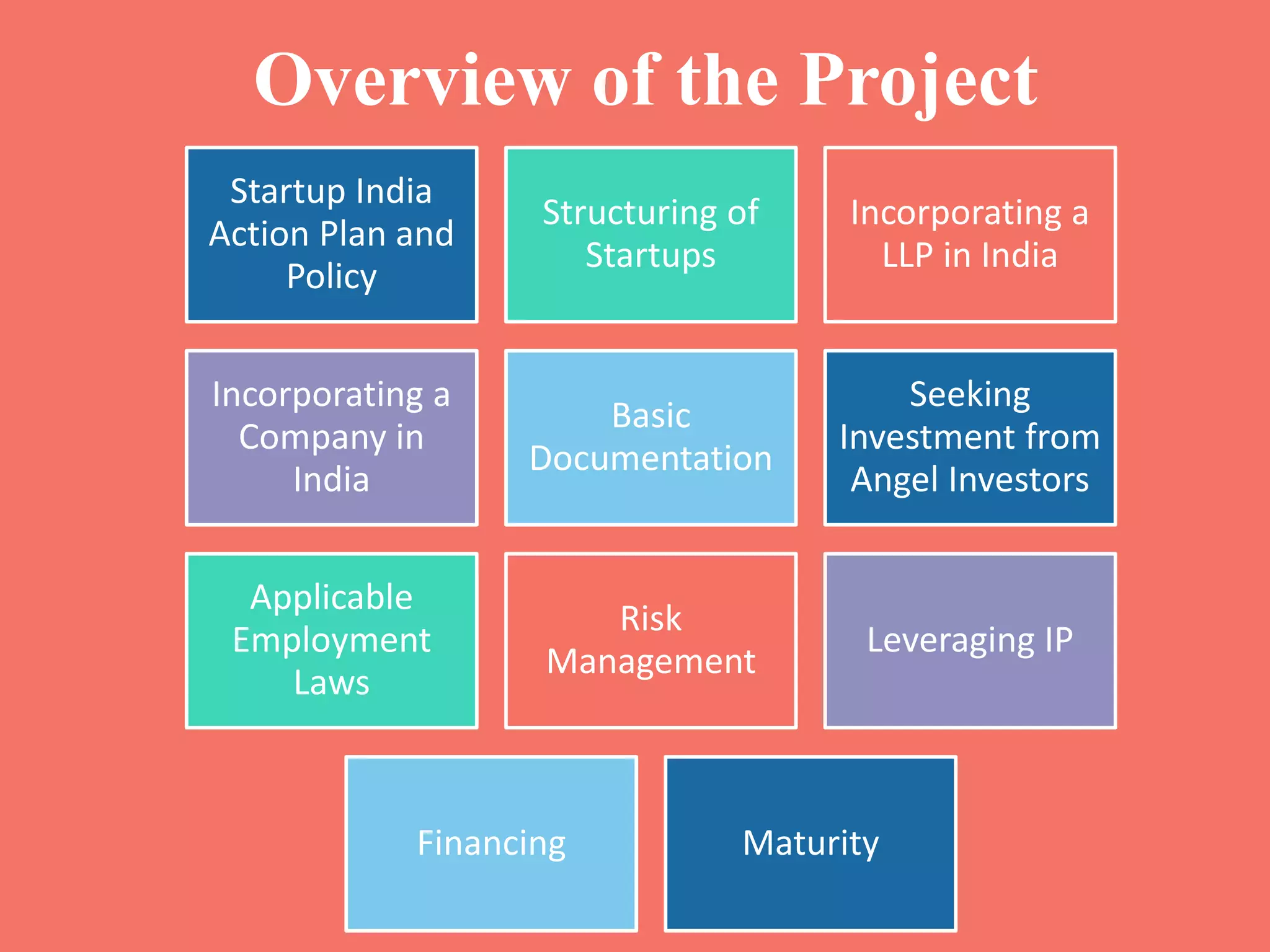 Overview of the Project
Startup India
Action Plan and
Policy
Structuring of
Startups
Incorporating a
LLP in India
Incorporating a
Company in
India
Basic
Documentation
Seeking
Investment from
Angel Investors
Applicable
Employment
Laws
Risk
Management
Leveraging IP
Financing Maturity
 
