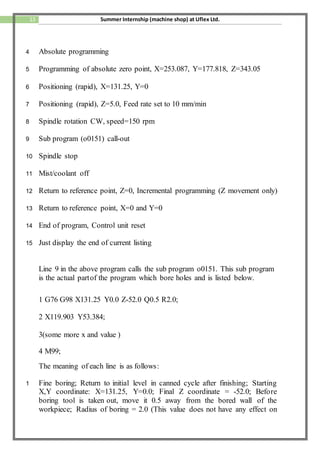13 Summer Internship (machine shop) at Uflex Ltd.
4 Absolute programming
5 Programming of absolute zero point, X=253.087, Y=177.818, Z=343.05
6 Positioning (rapid), X=131.25, Y=0
7 Positioning (rapid), Z=5.0, Feed rate set to 10 mm/min
8 Spindle rotation CW, speed=150 rpm
9 Sub program (o0151) call-out
10 Spindle stop
11 Mist/coolant off
12 Return to reference point, Z=0, Incremental programming (Z movement only)
13 Return to reference point, X=0 and Y=0
14 End of program, Control unit reset
15 Just display the end of current listing
Line 9 in the above program calls the sub program o0151. This sub program
is the actual partof the program which bore holes and is listed below.
1 G76 G98 X131.25 Y0.0 Z-52.0 Q0.5 R2.0;
2 X119.903 Y53.384;
3(some more x and value )
4 M99;
The meaning of each line is as follows:
1 Fine boring; Return to initial level in canned cycle after finishing; Starting
X,Y coordinate: X=131.25, Y=0.0; Final Z coordinate = -52.0; Before
boring tool is taken out, move it 0.5 away from the bored wall of the
workpiece; Radius of boring = 2.0 (This value does not have any effect on
 