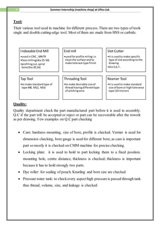 9 Summer Internship (machine shop) at Uflex Ltd.
Tool:
Their various tool used in machine for different process.There are two types of tools
single and double cutting-edge tool. Most of them are made from HSS or carbide.
Quality:
Quality department check the part manufactured part before it is used in assembly.
Q.C if the part will be accepted or reject or part can be recoverable after the rework
as per drawing. Few examples on Q.C part checking
 Cam: hardness mounting, size of bore, profile is checked. Vernier is used for
dimension checking, bore gauge is used for different bore, as cam is important
part so mostly it is checked on CMM machine for precise checking.
 Locking plate: it is used to hold to part locking them to a fixed position.
mounting hole, centre distance, thickness is checked; thickness is important
because it has to hold strongly two parts.
 Dye roller: for sealing of pouch. Knurling and bore size are checked
 Pressurewater tank: to checkevery aspecthigh pressureis passed through tank
thus thread, volume, size, and leakage is checked.
IndexableEnd Mill
•usedinCNC , MNTR
•face milling(dia:25-50)
•profilingcut, spiral
bore(dia:20,16)
End mill
•usedforprofile milingi.e.
cleanthe surface and to
make tolerace type finish
Slot Cutter
•it isusedto make specific
type of slotaccording to the
drawing
•dia:5,6,7..
Tap Tool
•to make standardtype of
tape M8, M12, M16
Threading Tool
•to make desirable sizeof
threadhavingdifferenttype
of pitchingarea
Reamer Tool
•it isusedto make standard
size of bore or hightolerance
type (10 micron)
 