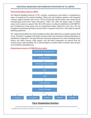 Industrial Marketing and Promotion Strategies of TIL Limited
SUMMER INTERNSHIP PROGRAM, IBS PUNE 17
Material Handling Solutions (MHS)
The Material Handling Solution of TIL’s designs, manufactures and markets a comprehensive
range of equipments for material handling, lifting and road building solutions with integrated
customer support and after-sales service. TIL has consistently led the mobile crane market and its
manufacturing record show many innovations. Today, TIL offers the largest range of mobile
cranes in the country in capacity from 20 to 650 tonnes, in technical collaboration with GROVE,
part of Manitowoc Crane group who are international market leaders.Over the years, TIL has
expanded its manufacturing range to become India’s composite source for a wide range of material
handling equipments.
TIL’s plant at Kamarhatty has a fully equipped machine shop, fabrication, assembly and paint shop
set up. The plant is equipped with plasma cutting machine and advanced welding technologies to
manufacture components. The plant fabricates structural components for cranes (including carrier
frames, turn tables, booms), while engines, axle and other components are sourced from the
external sources and assembled. TIL is acknowledged as a market leader in mobile cranes because
of its reliability and productivity.
Organization structure of MHS Division (sales):
Fig 6. Organisation Structure
Chairman & Managing Director
President & CEO
AVP (Head of Sales & Mktg)
GM
DGM
Senior Manager
Assistant Manager
Sr. Engineer Sr. Engineer Engineer EngineerEngineer
 