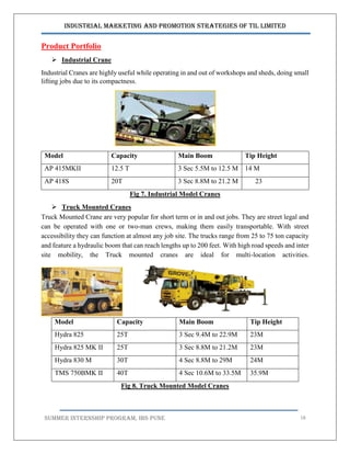 Industrial Marketing and Promotion Strategies of TIL Limited
SUMMER INTERNSHIP PROGRAM, IBS PUNE 18
Product Portfolio
 Industrial Crane
Industrial Cranes are highly useful while operating in and out of workshops and sheds, doing small
lifting jobs due to its compactness.
Model Capacity Main Boom Tip Height
AP 415MKII 12.5 T 3 Sec 5.5M to 12.5 M 14 M
AP 418S 20T 3 Sec 8.8M to 21.2 M 23
Fig 7. Industrial Model Cranes
 Truck Mounted Cranes
Truck Mounted Crane are very popular for short term or in and out jobs. They are street legal and
can be operated with one or two-man crews, making them easily transportable. With street
accessibility they can function at almost any job site. The trucks range from 25 to 75 ton capacity
and feature a hydraulic boom that can reach lengths up to 200 feet. With high road speeds and inter
site mobility, the Truck mounted cranes are ideal for multi-location activities.
Fig 8. Truck Mounted Model Cranes
Model Capacity Main Boom Tip Height
Hydra 825 25T 3 Sec 9.4M to 22.9M 23M
Hydra 825 MK II 25T 3 Sec 8.8M to 21.2M 23M
Hydra 830 M 30T 4 Sec 8.8M to 29M 24M
TMS 750BMK II 40T 4 Sec 10.6M to 33.5M 35.9M
 