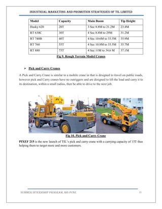 Industrial Marketing and Promotion Strategies of TIL Limited
SUMMER INTERNSHIP PROGRAM, IBS PUNE 20
Model Capacity Main Boom Tip Height
Husky 620 20T 3 Sec 8.8M to 21.2M 23.4M
RT 630C 30T 4 Sec 8.8M to 29M 31.2M
RT 740B 40T 4 Sec 10.6M to 33.5M 35.9M
RT 760 55T 4 Sec 10.8M to 33.5M 35.7M
RT 880 75T 4 Sec 11M to 34.6 M 37.1M
Fig 9. Rough Terrain Model Cranes
 Pick and Carry Cranes
A Pick and Carry Crane is similar to a mobile crane in that is designed to travel on public roads,
however pick and Carry cranes have no outriggers and are designed to lift the load and carry it to
its destination, within a small radius, then be able to drive to the next job.
Fig 10. Pick and Carry Crane
PIXEF 215 is the new launch of TIL’s pick and carry crane with a carrying capacity of 15T thus
helping them to target more and more customers.
 