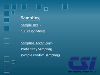 Sampling
Sample size:-
100 respondents
Sampling Technique:-
Probability Sampling
(Simple random sampling)
 