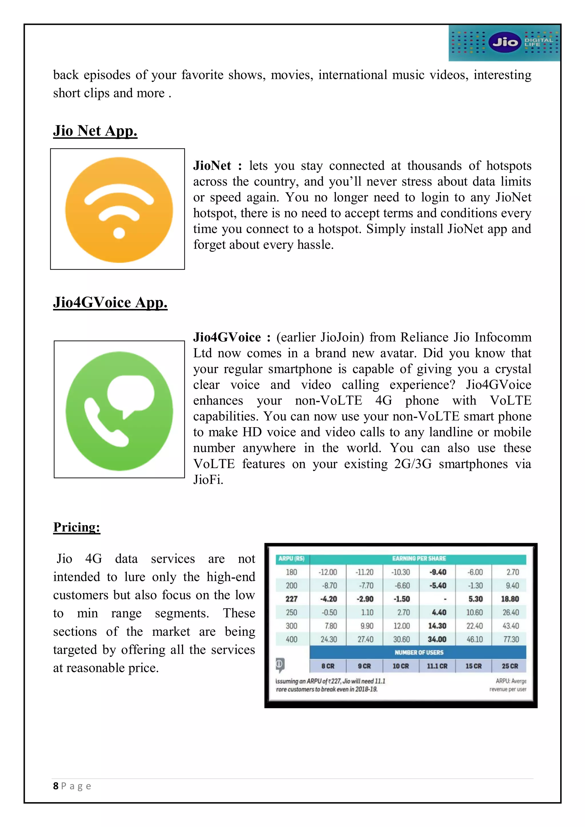 8 P a g e
back episodes of your favorite shows, movies, international music videos, interesting
short clips and more .
Jio Net App.
JioNet : lets you stay connected at thousands of hotspots
across the country, and you’ll never stress about data limits
or speed again. You no longer need to login to any JioNet
hotspot, there is no need to accept terms and conditions every
time you connect to a hotspot. Simply install JioNet app and
forget about every hassle.
Jio4GVoice App.
Jio4GVoice : (earlier JioJoin) from Reliance Jio Infocomm
Ltd now comes in a brand new avatar. Did you know that
your regular smartphone is capable of giving you a crystal
clear voice and video calling experience? Jio4GVoice
enhances your non-VoLTE 4G phone with VoLTE
capabilities. You can now use your non-VoLTE smart phone
to make HD voice and video calls to any landline or mobile
number anywhere in the world. You can also use these
VoLTE features on your existing 2G/3G smartphones via
JioFi.
Pricing:
Jio 4G data services are not
intended to lure only the high-end
customers but also focus on the low
to min range segments. These
sections of the market are being
targeted by offering all the services
at reasonable price.
 