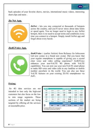 8 P a g e
back episodes of your favorite shows, movies, international music videos, interesting
short clips and more .
Jio Net App.
JioNet : lets you stay connected at thousands of hotspots
across the country, and you’ll never stress about data limits
or speed again. You no longer need to login to any JioNet
hotspot, there is no need to accept terms and conditions every
time you connect to a hotspot. Simply install JioNet app and
forget about every hassle.
Jio4GVoice App.
Jio4GVoice : (earlier JioJoin) from Reliance Jio Infocomm
Ltd now comes in a brand new avatar. Did you know that
your regular smartphone is capable of giving you a crystal
clear voice and video calling experience? Jio4GVoice
enhances your non-VoLTE 4G phone with VoLTE
capabilities. You can now use your non-VoLTE smart phone
to make HD voice and video calls to any landline or mobile
number anywhere in the world. You can also use these
VoLTE features on your existing 2G/3G smartphones via
JioFi.
Pricing:
Jio 4G data services are not
intended to lure only the high-end
customers but also focus on the low
to min range segments. These
sections of the market are being
targeted by offering all the services
at reasonable price.
 