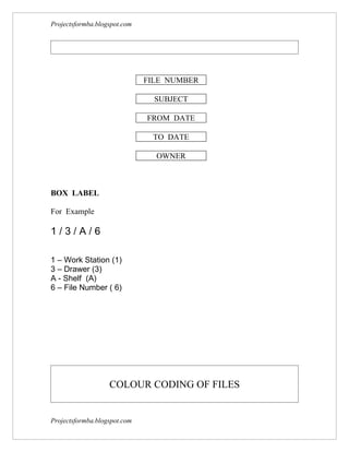 Projectsformba.blogspot.com




                              FILE NUMBER

                                SUBJECT

                              FROM DATE

                               TO DATE

                                OWNER



BOX LABEL

For Example

1/3/A/6

1 – Work Station (1)
3 – Drawer (3)
A - Shelf (A)
6 – File Number ( 6)




                   COLOUR CODING OF FILES


Projectsformba.blogspot.com
 