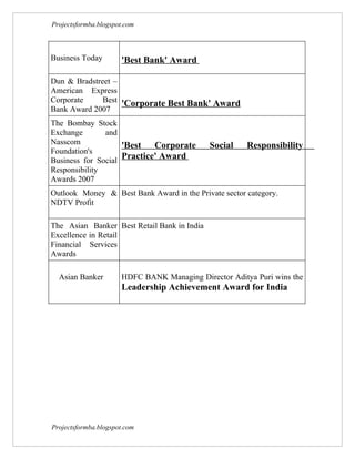 Projectsformba.blogspot.com



Business Today        'Best Bank' Award

Dun & Bradstreet –
American Express
Corporate     Best 'Corporate Best Bank' Award
Bank Award 2007
The Bombay Stock
Exchange       and
Nasscom             'Best Corporate          Social    Responsibility
Foundation's
Business for Social
                    Practice' Award
Responsibility
Awards 2007
Outlook Money & Best Bank Award in the Private sector category.
NDTV Profit

The Asian Banker Best Retail Bank in India
Excellence in Retail
Financial Services
Awards

  Asian Banker        HDFC BANK Managing Director Aditya Puri wins the
                      Leadership Achievement Award for India




Projectsformba.blogspot.com
 