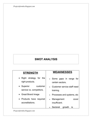 Projectsformba.blogspot.com




                              SWOT ANALYSIS




            STRENGTH                          WEAKNESSES

      • Right strategy for the           •   Some gaps in range for
          right products.                    certain sectors.
      • Superior              customer   •   Customer service staff need
          service vs. competitors.           training.
      • Great Brand Image                •   Processes and systems, etc

      • Products have required           •   Management                    cover
          accreditations.                    insufficient.

                                         •   Sectoral        growth   is
Projectsformba.blogspot.com
 