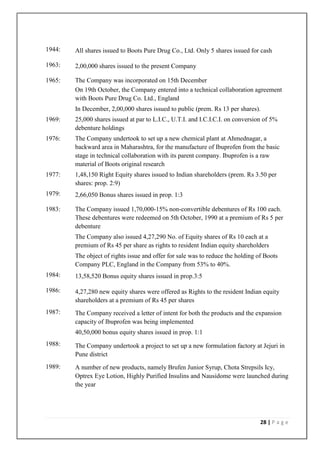 1944:   All shares issued to Boots Pure Drug Co., Ltd. Only 5 shares issued for cash

1963:   2,00,000 shares issued to the present Company

1965:   The Company was incorporated on 15th December
        On 19th October, the Company entered into a technical collaboration agreement
        with Boots Pure Drug Co. Ltd., England
        In December, 2,00,000 shares issued to public (prem. Rs 13 per shares).
1969:   25,000 shares issued at par to L.I.C., U.T.I. and I.C.I.C.I. on conversion of 5%
        debenture holdings
1976:   The Company undertook to set up a new chemical plant at Ahmednagar, a
        backward area in Maharashtra, for the manufacture of Ibuprofen from the basic
        stage in technical collaboration with its parent company. Ibuprofen is a raw
        material of Boots original research
1977:   1,48,150 Right Equity shares issued to Indian shareholders (prem. Rs 3.50 per
        shares: prop. 2:9)
1979:   2,66,050 Bonus shares issued in prop. 1:3

1983:   The Company issued 1,70,000-15% non-convertible debentures of Rs 100 each.
        These debentures were redeemed on 5th October, 1990 at a premium of Rs 5 per
        debenture
        The Company also issued 4,27,290 No. of Equity shares of Rs 10 each at a
        premium of Rs 45 per share as rights to resident Indian equity shareholders
        The object of rights issue and offer for sale was to reduce the holding of Boots
        Company PLC, England in the Company from 53% to 40%.
1984:   13,58,520 Bonus equity shares issued in prop.3:5

1986:   4,27,280 new equity shares were offered as Rights to the resident Indian equity
        shareholders at a premium of Rs 45 per shares
1987:   The Company received a letter of intent for both the products and the expansion
        capacity of Ibuprofen was being implemented
        40,50,000 bonus equity shares issued in prop. 1:1
1988:   The Company undertook a project to set up a new formulation factory at Jejuri in
        Pune district
1989:   A number of new products, namely Brufen Junior Syrup, Chota Strepsils Icy,
        Optrex Eye Lotion, Highly Purified Insulins and Nausidome were launched during
        the year




                                                                                 28 | P a g e
 