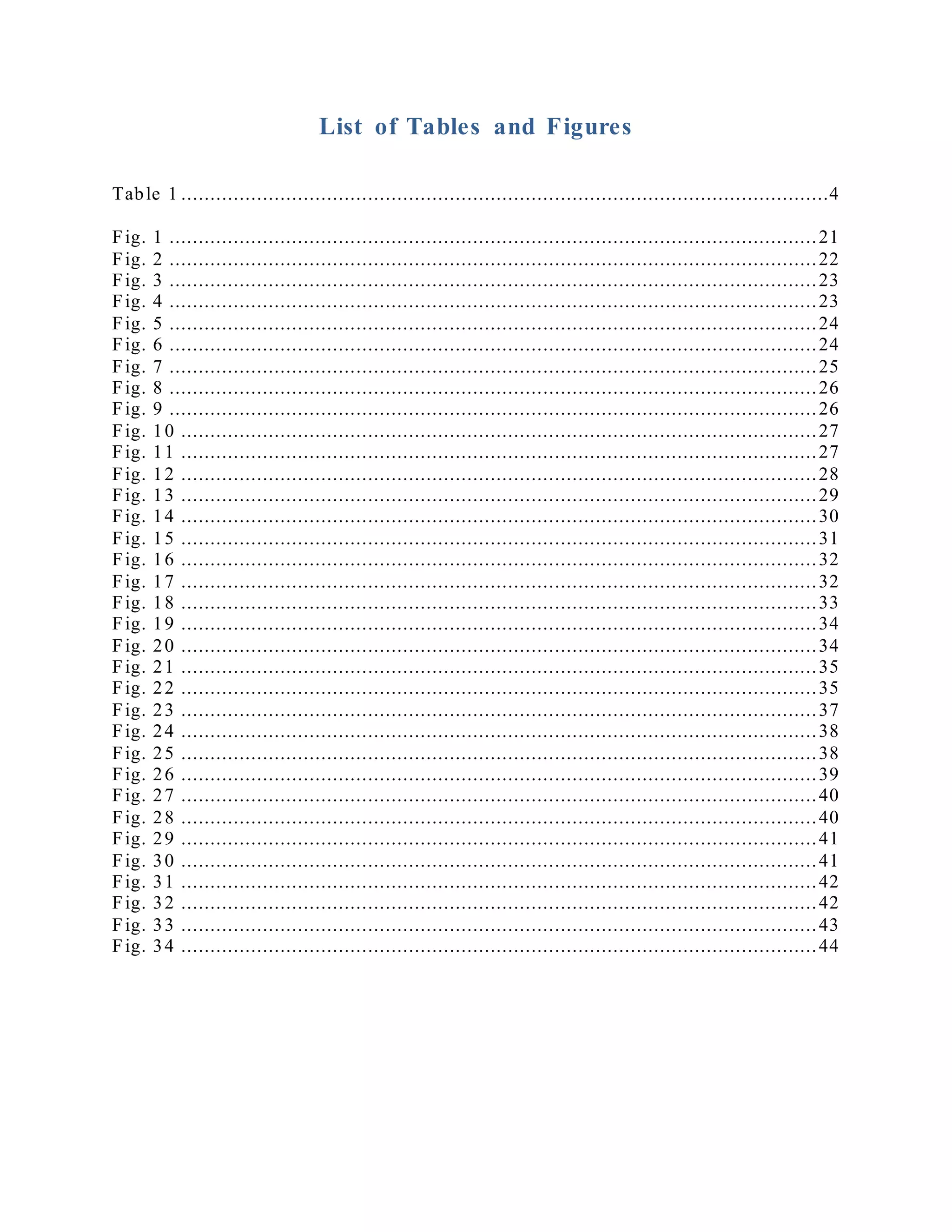 List of Tables and Figures
Table 1 ...............................................................................................................4
Fig. 1 ...............................................................................................................21
Fig. 2 ...............................................................................................................22
Fig. 3 ...............................................................................................................23
Fig. 4 ...............................................................................................................23
Fig. 5 ...............................................................................................................24
Fig. 6 ...............................................................................................................24
Fig. 7 ...............................................................................................................25
Fig. 8 ...............................................................................................................26
Fig. 9 ...............................................................................................................26
Fig. 10 .............................................................................................................27
Fig. 11 .............................................................................................................27
Fig. 12 .............................................................................................................28
Fig. 13 .............................................................................................................29
Fig. 14 .............................................................................................................30
Fig. 15 .............................................................................................................31
Fig. 16 .............................................................................................................32
Fig. 17 .............................................................................................................32
Fig. 18 .............................................................................................................33
Fig. 19 .............................................................................................................34
Fig. 20 .............................................................................................................34
Fig. 21 .............................................................................................................35
Fig. 22 .............................................................................................................35
Fig. 23 .............................................................................................................37
Fig. 24 .............................................................................................................38
Fig. 25 .............................................................................................................38
Fig. 26 .............................................................................................................39
Fig. 27 .............................................................................................................40
Fig. 28 .............................................................................................................40
Fig. 29 .............................................................................................................41
Fig. 30 .............................................................................................................41
Fig. 31 .............................................................................................................42
Fig. 32 .............................................................................................................42
Fig. 33 .............................................................................................................43
Fig. 34 .............................................................................................................44
 