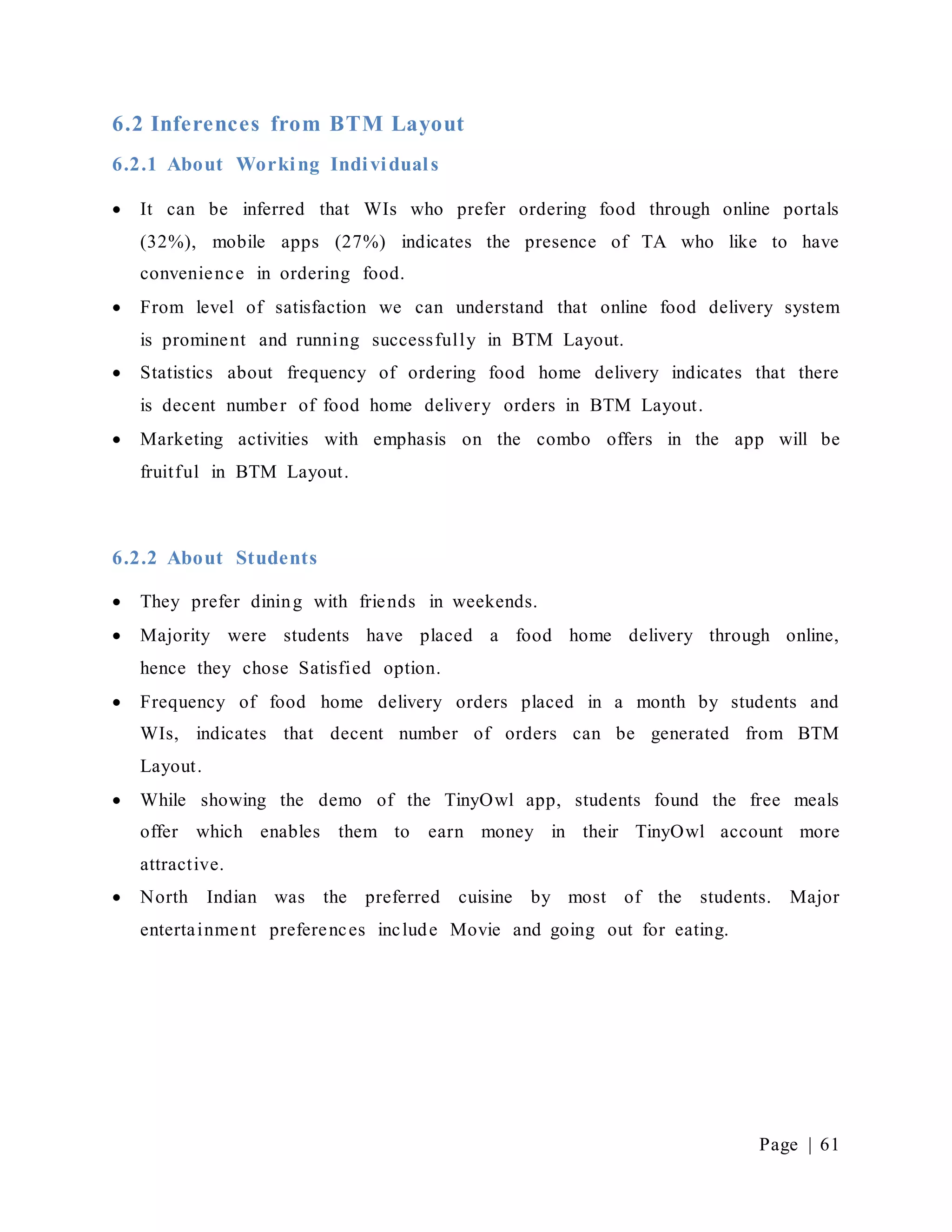 Page | 61
6.2 Inferences from BTM Layout
6.2.1 About Working Individuals
 It can be inferred that WIs who prefer ordering food through online portals
(32%), mobile apps (27%) indicates the presence of TA who like to have
convenience in ordering food.
 From level of satisfaction we can understand that online food delivery system
is prominent and running successfully in BTM Layout.
 Statistics about frequency of ordering food home delivery indicates that there
is decent number of food home delivery orders in BTM Layout.
 Marketing activities with emphasis on the combo offers in the app will be
fruitful in BTM Layout.
6.2.2 About Students
 They prefer dining with friends in weekends.
 Majority were students have placed a food home delivery through online,
hence they chose Satisfied option.
 Frequency of food home delivery orders placed in a month by students and
WIs, indicates that decent number of orders can be generated from BTM
Layout.
 While showing the demo of the TinyOwl app, students found the free meals
offer which enables them to earn money in their TinyOwl account more
attractive.
 North Indian was the preferred cuisine by most of the students. Major
entertainment preferences include Movie and going out for eating.
 