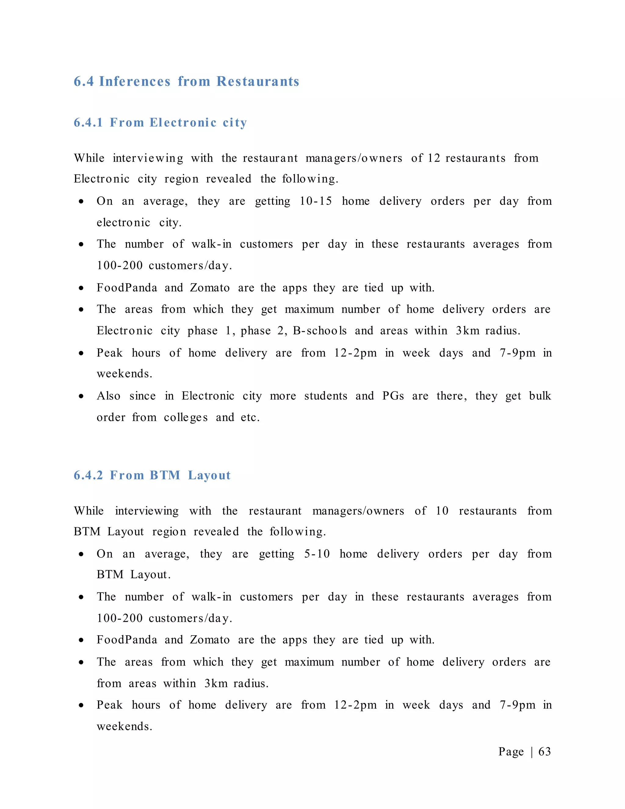 Page | 63
6.4 Inferences from Restaurants
6.4.1 From Electronic city
While interviewing with the restaurant managers/owners of 12 restaurants from
Electronic city region revealed the following.
 On an average, they are getting 10-15 home delivery orders per day from
electronic city.
 The number of walk-in customers per day in these restaurants averages from
100-200 customers/day.
 FoodPanda and Zomato are the apps they are tied up with.
 The areas from which they get maximum number of home delivery orders are
Electronic city phase 1, phase 2, B-schools and areas within 3km radius.
 Peak hours of home delivery are from 12-2pm in week days and 7-9pm in
weekends.
 Also since in Electronic city more students and PGs are there, they get bulk
order from colleges and etc.
6.4.2 From BTM Layout
While interviewing with the restaurant managers/owners of 10 restaurants from
BTM Layout region revealed the following.
 On an average, they are getting 5-10 home delivery orders per day from
BTM Layout.
 The number of walk-in customers per day in these restaurants averages from
100-200 customers/day.
 FoodPanda and Zomato are the apps they are tied up with.
 The areas from which they get maximum number of home delivery orders are
from areas within 3km radius.
 Peak hours of home delivery are from 12-2pm in week days and 7-9pm in
weekends.
 