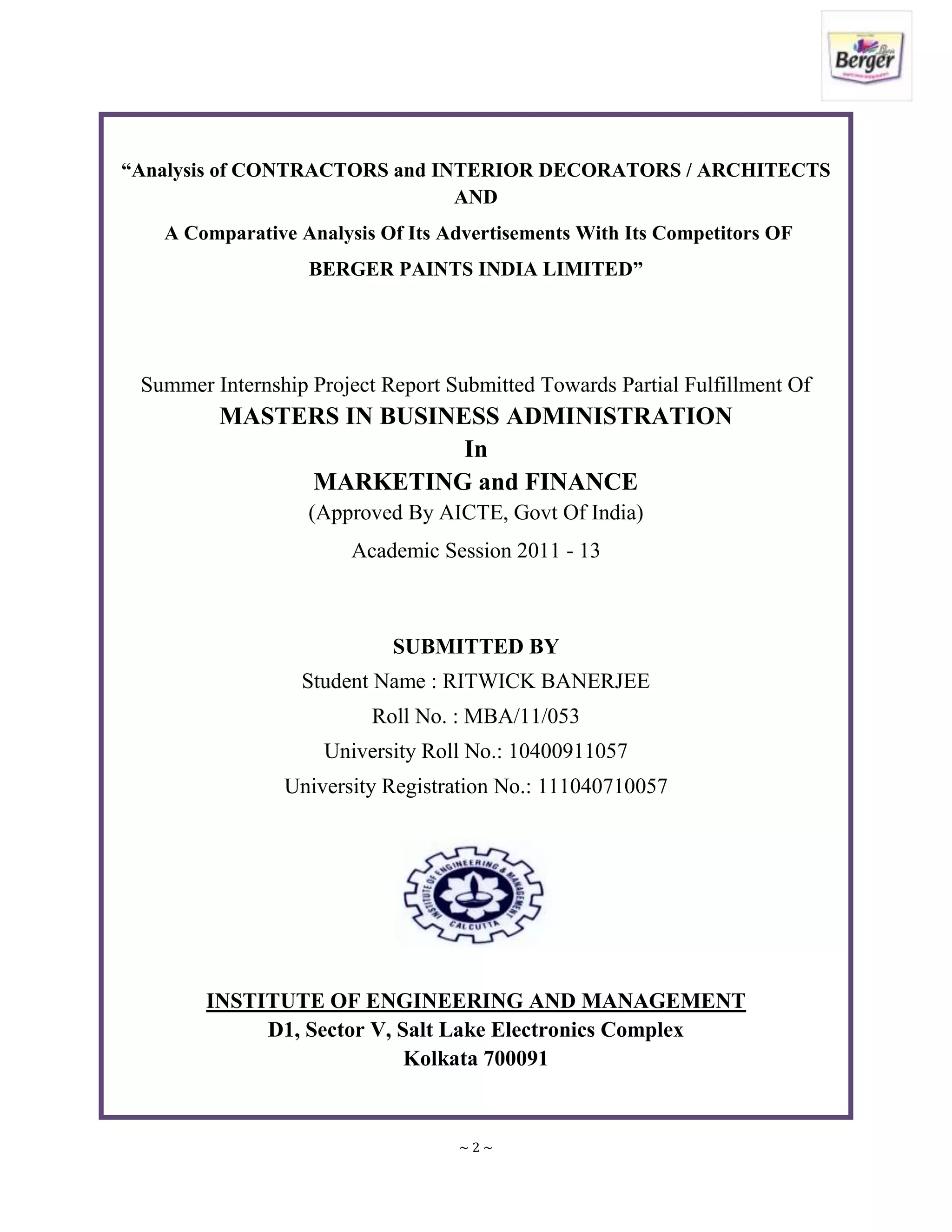 Summer internship project report berger paints marketring | DOCX