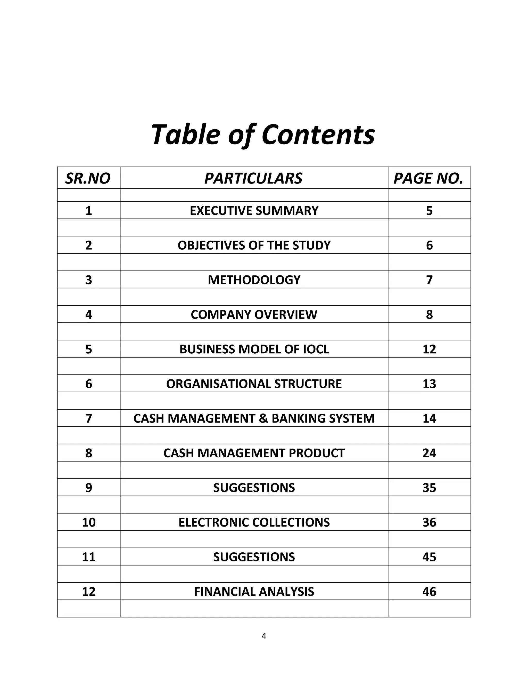 Table of Contents
SR.NO            PARTICULARS               PAGE NO.
  1            EXECUTIVE SUMMARY              5

  2          OBJECTIVES OF THE STUDY          6

  3               METHODOLOGY                 7

  4            COMPANY OVERVIEW               8

  5           BUSINESS MODEL OF IOCL          12

  6         ORGANISATIONAL STRUCTURE          13

  7     CASH MANAGEMENT & BANKING SYSTEM      14

  8        CASH MANAGEMENT PRODUCT            24

  9               SUGGESTIONS                 35

 10          ELECTRONIC COLLECTIONS           36

 11               SUGGESTIONS                 45

 12             FINANCIAL ANALYSIS            46


                          4
 