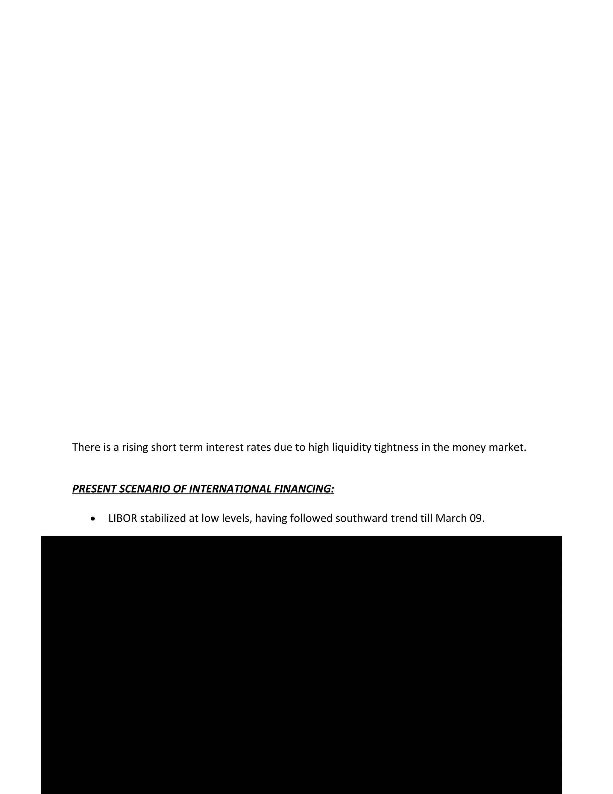There is a rising short term interest rates due to high liquidity tightness in the money market.


     PRESENT SCENARIO OF INTERNATIONAL FINANCING:

        •   LIBOR stabilized at low levels, having followed southward trend till March 09.

        •   Having decreased the rates gradually, Fed maintaining status-quo of late.
47
        •   High inflation & large capital market 46.05 – causing the rupee to depreciate against
                                                  outflows
46                                                         45.93
            US$.                        45.04
45    46.06                                                    43.52
44                                            44.62                  43.48
                                                                                                        43.03
43          43.47         43.52
     MOVEMENT IN US$/INR RATES:
42
                                                                                 40.90
41
                                                                             40.71
40                                                                                              40.12
39                                                                                     39.42
38
     J-04 S-04D-04M-05J-05 S-05D-05     69
                                   M-06J-06 S-06D-06M-07J-07 S-07D-07M-08J-08


                                                US$/INR
 