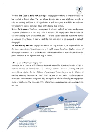 24
Focused and Keen to Take up Challenges: An engaged workforce is entirely focused and
knows what to do and when. They are always keen to take up new challenges in order to
solve the existing problems in the organisation as well as acquire new skills. Not only this,
they are always keen to learn new things and widening their horizon.
Better Performance: Employee engagement is directly related to better performance.
Employee performance is the only way to measure the engagement, involvement and
dedication of employees towards their jobs. If all these factors cannot be interlinked, there is
no meaning of anything. It can be said that the workforce is not engaged or actively
disengaged.
Problem Solving Attitude: Engaged workforce not only delivers its job responsibilities but
also keeps a problem solving attitude always. A highly engaged employee displays a sense of
belongingness towards the organisation and makes every effort to solve the problems that
pose a hindrance in the organization’s way of success.
1.2.7 3 C’s of Employee Engagement
Managers had to come up with other motivators such as offsite parties and picnics, cricket or
football matches on anniversaries and birthdays, cultural festivals, painting and quiz
competitions, crèches for the children of employees, Friday bashes, movie tickets and
discount shopping coupons and many more. Beyond all the above mentioned popular
techniques, there are other things that play an important role in enhancing the engagement
levels of employees. The proposed 3 C’s of employee engagement are career, competence
and care.
 