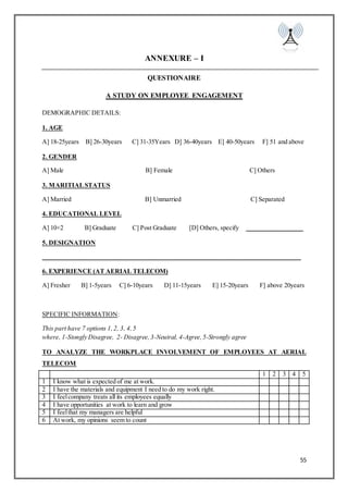 55
ANNEXURE – I
QUESTIONAIRE
A STUDY ON EMPLOYEE ENGAGEMENT
DEMOGRAPHIC DETAILS:
1. AGE
A] 18-25years B] 26-30years C] 31-35Years D] 36-40years E] 40-50years F] 51 and above
2. GENDER
A] Male B] Female C] Others
3. MARITIALSTATUS
A] Married B] Unmarried C] Separated
4. EDUCATIONAL LEVEL
A] 10+2 B] Graduate C] Post Graduate [D] Others, specify _________________
5. DESIGNATION
________________________________________________________________________________
6. EXPERIENCE (AT AERIAL TELECOM)
A] Fresher B] 1-5years C] 6-10years D] 11-15years E] 15-20years F] above 20years
SPECIFIC INFORMATION:
This part have 7 options 1,2, 3, 4,5
where, 1-Stongly Disagree, 2- Disagree,3-Neutral, 4-Agree, 5-Strongly agree
TO ANALYZE THE WORKPLACE INVOLVEMENT OF EMPLOYEES AT AERIAL
TELECOM
1 2 3 4 5
1 I know what is expected of me at work.
2 I have the materials and equipment I need to do my work right.
3 I feelcompany treats all its employees equally
4 I have opportunities at work to learn and grow
5 I feelthat my managers are helpful
6 At work, my opinions seem to count
 
