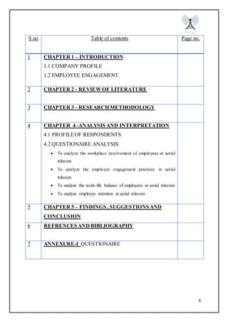 6
S.no Table of contents Page no.
1 CHAPTER 1 – INTRODUCTION
1.1 COMPANY PROFILE
1.2 EMPLOYEE ENGAGEMENT
2 CHAPTER 2 - REVIEW OF LITERATURE
3 CHAPTER 3 - RESEARCHMETHODOLOGY
4 CHAPTER 4–ANALYSIS AND INTERPRETATION
4.1 PROFILEOF RESPONDENTS
4.2 QUESTIONAIRE ANALYSIS
 To analyze the workplace involvement of employees at aerial
telecom
 To analyze the employee engagement practices in aerial
telecom
 To analyze the work-life balance of employees at aerial telecom
 To analyze employee retention at aerial telecom
5 CHAPTER 5 – FINDINGS , SUGGESTIONSAND
CONCLUSION
6 REFRENCESAND BIBLIOGRAPHY
7 ANNEXURE-I QUESTIONAIRE
 