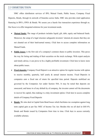 CREATION OF NEW FRANCHISE & IT’S PROCESS (BUSINESS DEVELOPMENT) 22
2.5 DISRTIBUTION
SMC offers distribution services of IPO, Mutual Funds, Public Issues, Company Fixed
Deposits, Bonds, through its network of branches across India. SMC also provides retail application
financing in IPO’s, FPO's & Bonds. We assure you a hassle free transaction experience through us.
Our focus is to offer integrated solutions for your investment needs.
 Mutual funds: The range of products includes liquid, gilt, debt, equity and balanced funds.
Moreover, the setup of a legal structure safeguards investors’ interests & ensures that they are
not cheated out of their hard-earned money. Click here to access complete information on
Mutual Funds.
 Public issues: is the first sale of a company's common shares to public investors. This paves
the way for listing and trading of their securities on the stock exchange. With expert analysis
and timely advice, it can prove to be a highly profitable investment. Click here to know more
about public issues.
 Fixed deposits: Company Fixed Deposit is an attractive option for regular income with option
to receive monthly, quarterly, half yearly & annual interest income. Fixed Deposits in
companies earn a fixed rate of return for specified time period. Deposits mobilised are
governed by the Companies Act under Section 58A. It may be noted that deposits are
unsecured, and hence in of any default by of company, the investor cannot sell the documents
to recover his capital, thus making it a risky investment option. Click here to access complete
details of Company Fixed Deposits
 Bonds: We also deal in Capital Gain Bond Issues which facilitates tax exemption against long
term capital gain as per Sec 54EC of Income Tax Act. Besides this we all deal in GOI 8%
Bonds and Bonds issued by Companies from time to time. Click here to access currently
available schemes.
 