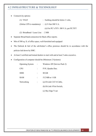 CREATION OF NEW FRANCHISE & IT’S PROCESS (BUSINESS DEVELOPMENT) 40
4.2 INFRASTRUCTURE & TECHNOLOGY
 Connectivity options:
(1) VSAT : Earthing should be below 2 volts,
(Online UPS is mandatory) : (i) V-Sat-300 V.A.
(ii) For PC’s/TFT- 300 V.A. per PC/TFT
(2) Broadband / Lease Line : 2 MB
 Separate Broad band connection for Back office reports.
 Min of 500 sq. ft. of office space, well-furnished and equipped
 The Outlook & feel of the sub-broker’s office premises should be in accordance with the
policies laid down by SMC.
 At least 2 certified and trained dealers to start with and at least 5 sales executive.
 Configuration of computer should be (Minimum 2 Systems):
Operating System : Windows XP (Service Pack 2)
CPU : P IV, Quadra Duo.
HDD : 80 GB
RAM : 512 MB or 1 GB
Networking : (a) D-Link CAT 6 Cable,
(b) D-Link 8 Port Switch,
(c) Sky Edge V-sat
 