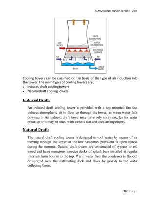 SUMMER INTERNSHIP REPORT - 2014
28 | P a g e
Cooling towers can be classified on the basis of the type of air induction into
the tower. The main types of cooling towers are;
 Induced draft cooling towers
 Natural draft cooling towers
Induced Draft:
An induced draft cooling tower is provided with a top mounted fan that
induces atmospheric air to flow up through the tower, as warm water falls
downward. An induced draft tower may have only spray nozzles for water
break up or it may be filled with various slat and deck arrangements.
Natural Draft:
The natural draft cooling tower is designed to cool water by means of air
moving through the tower at the low velocities prevalent in open spaces
during the summer. Natural draft towers are constructed of cypress or red
wood and have numerous wooden decks of splash bars installed at regular
intervals from bottom to the top. Warm water from the condenser is flooded
or sprayed over the distributing deck and flows by gravity to the water
collecting basin.
 