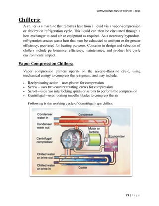 SUMMER INTERNSHIP REPORT - 2014
29 | P a g e
Chillers:
A chiller is a machine that removes heat from a liquid via a vapor-compression
or absorption refrigeration cycle. This liquid can then be circulated through a
heat exchanger to cool air or equipment as required. As a necessary byproduct,
refrigeration creates waste heat that must be exhausted to ambient or for greater
efficiency, recovered for heating purposes. Concerns in design and selection of
chillers include performance, efficiency, maintenance, and product life cycle
environmental impact.
Vapor Compression Chillers:
Vapor compression chillers operate on the reverse-Rankine cycle, using
mechanical energy to compress the refrigerant, and may include:
 Reciprocating action – uses pistons for compression
 Screw – uses two counter rotating screws for compression
 Scroll – uses two interlocking spirals or scrolls to perform the compression
 Centrifugal – uses rotating impeller blades to compress the air
Following is the working cycle of Centrifugal type chiller.
 