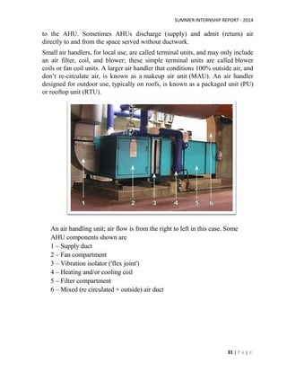 SUMMER INTERNSHIP REPORT - 2014
31 | P a g e
to the AHU. Sometimes AHUs discharge (supply) and admit (return) air
directly to and from the space served without ductwork.
Small air handlers, for local use, are called terminal units, and may only include
an air filter, coil, and blower; these simple terminal units are called blower
coils or fan coil units. A larger air handler that conditions 100% outside air, and
don’t re-circulate air, is known as a makeup air unit (MAU). An air handler
designed for outdoor use, typically on roofs, is known as a packaged unit (PU)
or rooftop unit (RTU).
An air handling unit; air flow is from the right to left in this case. Some
AHU components shown are
1 – Supply duct
2 – Fan compartment
3 – Vibration isolator ('flex joint')
4 – Heating and/or cooling coil
5 – Filter compartment
6 – Mixed (re circulated + outside) air duct
 