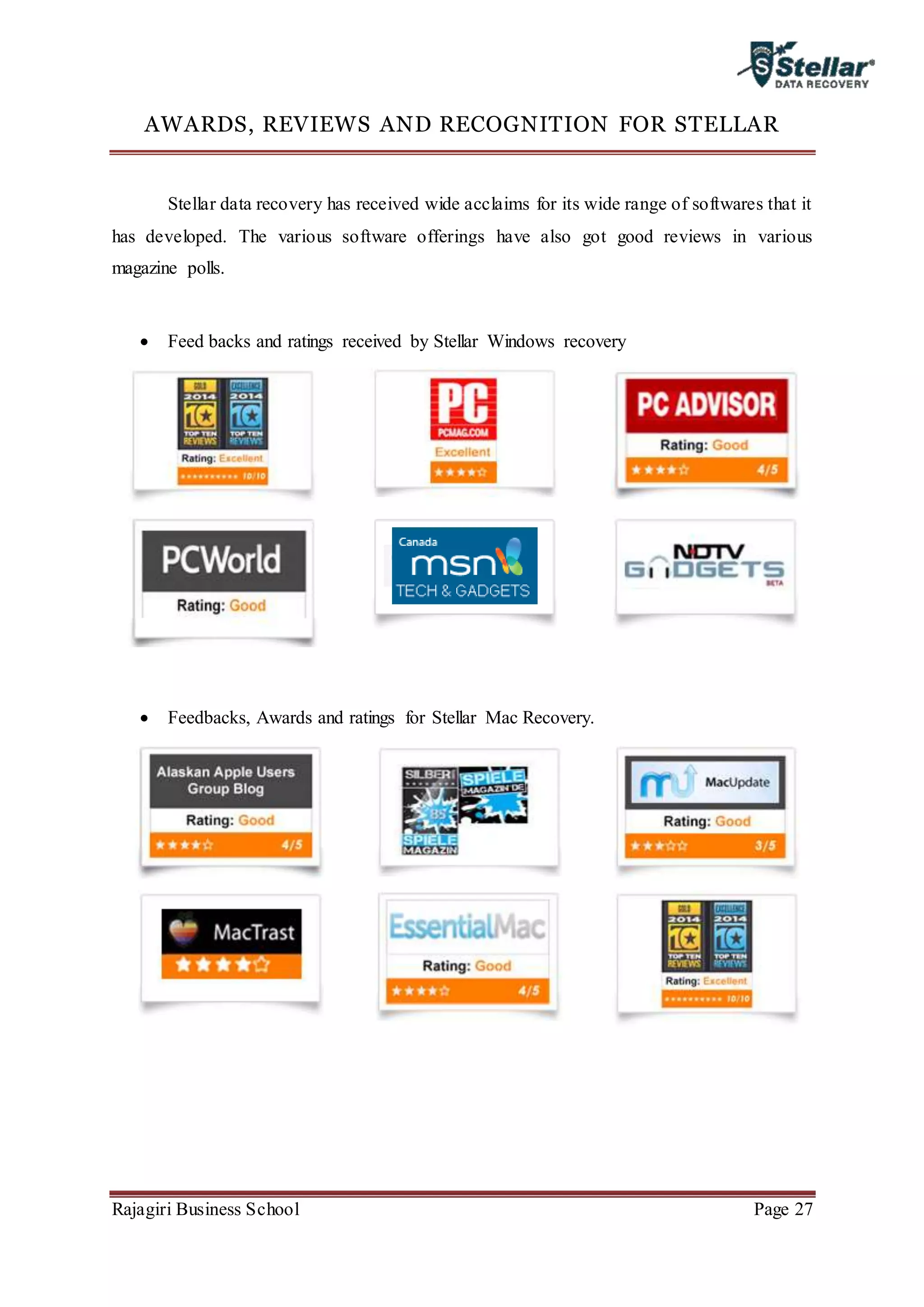 Rajagiri Business School Page 27
AWARDS, REVIEWS AND RECOGNITION FOR STELLAR
Stellar data recovery has received wide acclaims for its wide range of softwares that it
has developed. The various software offerings have also got good reviews in various
magazine polls.
 Feed backs and ratings received by Stellar Windows recovery
 Feedbacks, Awards and ratings for Stellar Mac Recovery.
 