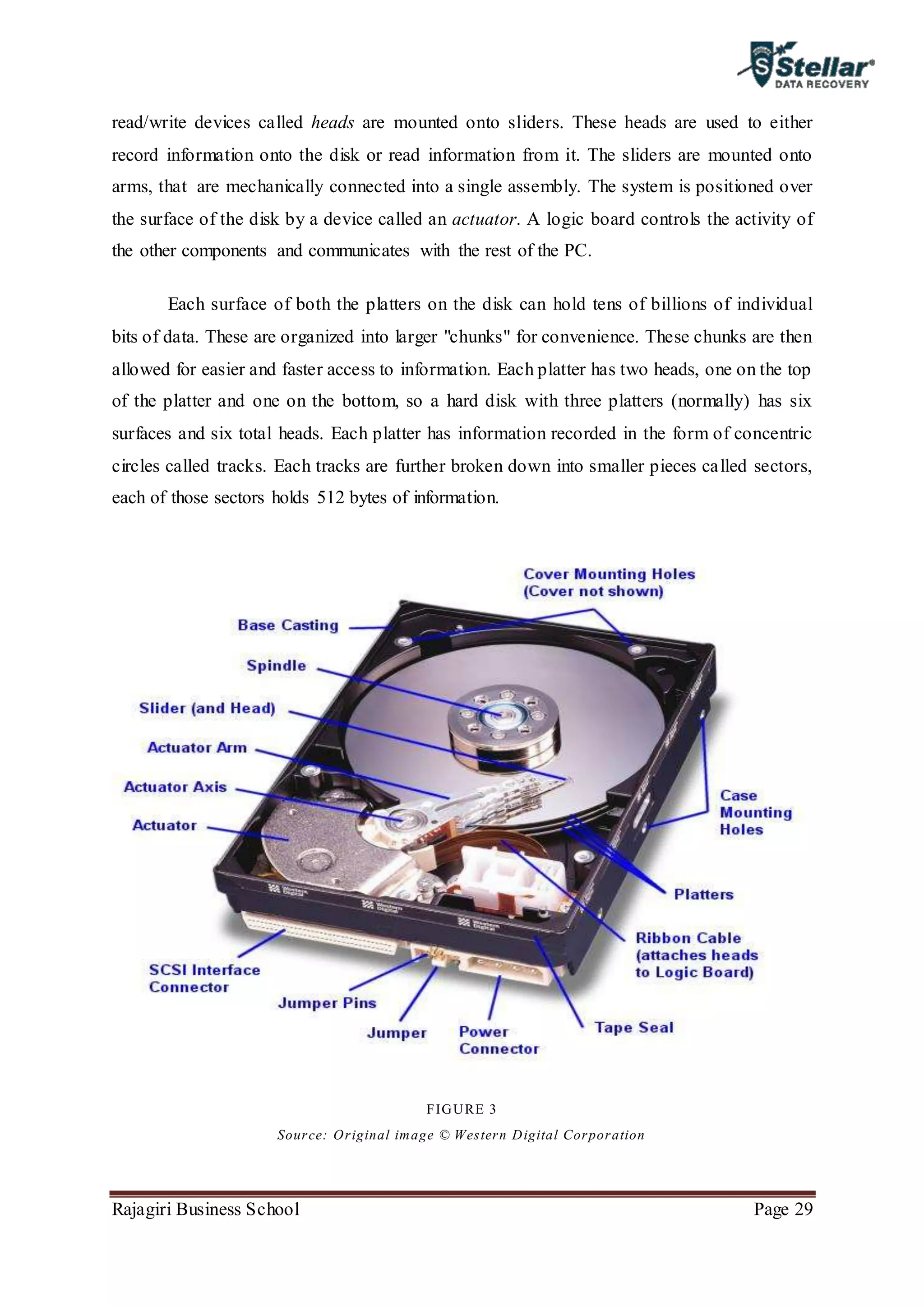 Rajagiri Business School Page 29
read/write devices called heads are mounted onto sliders. These heads are used to either
record information onto the disk or read information from it. The sliders are mounted onto
arms, that are mechanically connected into a single assembly. The system is positioned over
the surface of the disk by a device called an actuator. A logic board controls the activity of
the other components and communicates with the rest of the PC.
Each surface of both the platters on the disk can hold tens of billions of individual
bits of data. These are organized into larger "chunks" for convenience. These chunks are then
allowed for easier and faster access to information. Each platter has two heads, one on the top
of the platter and one on the bottom, so a hard disk with three platters (normally) has six
surfaces and six total heads. Each platter has information recorded in the form of concentric
circles called tracks. Each tracks are further broken down into smaller pieces called sectors,
each of those sectors holds 512 bytes of information.
FIGURE 3
Source: Original image © Western Digital Corporation
 